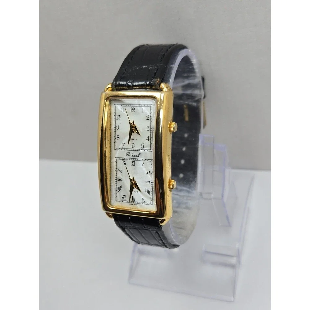 Vintage Osirock Dual Time 26mm Gold Tone Tank Watch Black Leather New Battery